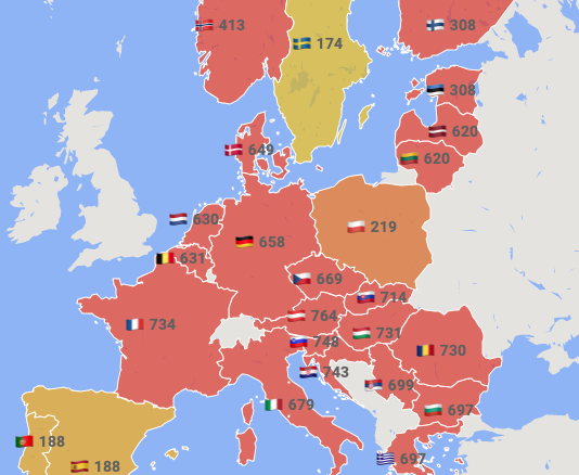 Prețul spot al energiei furnizate luni în Europa (sursa: euenergy)