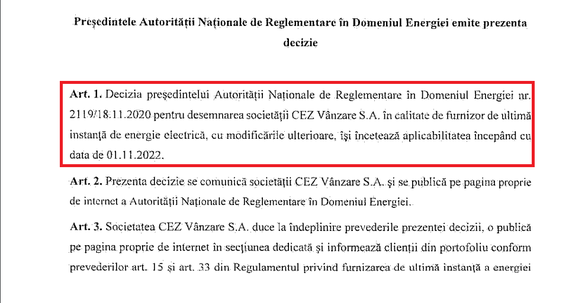 DOCUMENTE Criza energetică: ANRE a revocat statutul de FUI al CEZ Vânzare. Și i l-a reatribuit în aceeași zi. Furnizorul este vizat pentru preluare de către Hidroelectrica