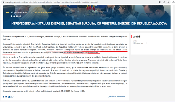 Comunicatul Ministerului Energiei din România