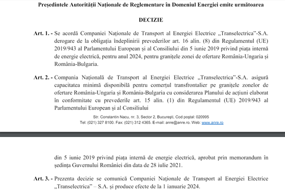 DOCUMENTE Transelectrica a primit din nou derogare de la normele UE privind capacitățile minime de import și export de energie pe granițele cu Ungaria și Bulgaria