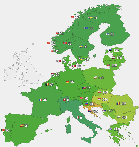 Prețul zilnic mediu al energiei furnizate marți în întreaga Europă (Sursa: EUenergy)