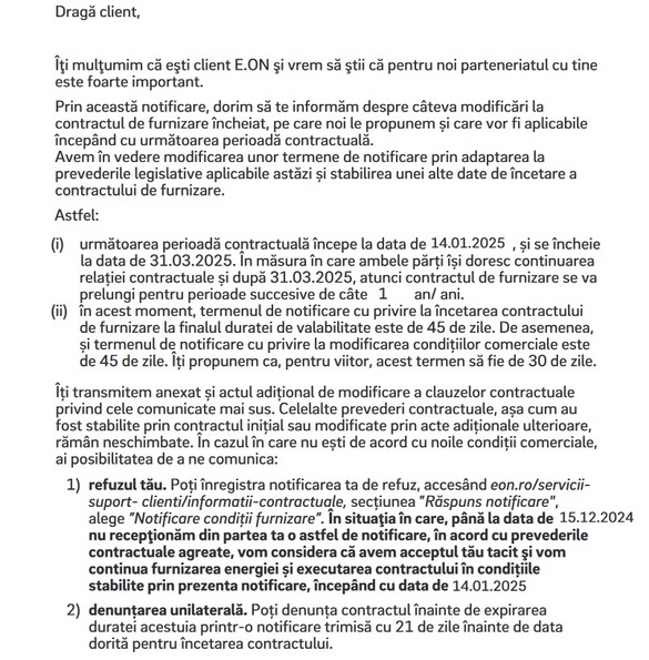 E.ON trimite notificări către clienți din România. Termenul contractului, limitat DOCUMENT