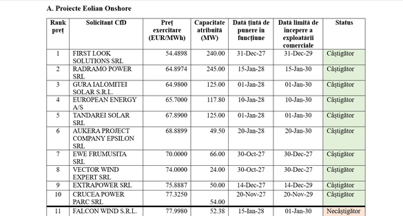 TABEL Cine e în spatele câștigătorilor primei licitații de subvenții CfD pentru regenerabile. Printre pierzători, nume notorii precum OMV Petrom, Engie, PPC