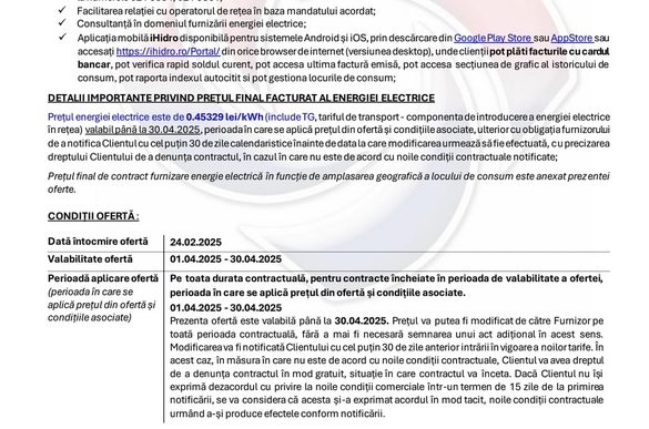 DOCUMENT Hidroelectrica trimite notificări cu noul plan tarifar. Cu cât va scumpi energia și la cât va ajunge prețul final din facturi 