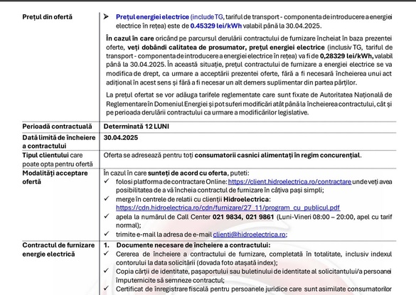 DOCUMENT Hidroelectrica trimite notificări cu noul plan tarifar. Cu cât va scumpi energia și la cât va ajunge prețul final din facturi 