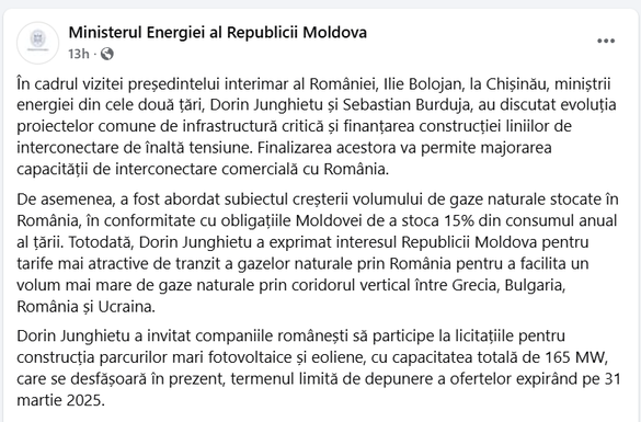 Varianta finală a comunicatului Ministerului Energiei al Republicii Moldova