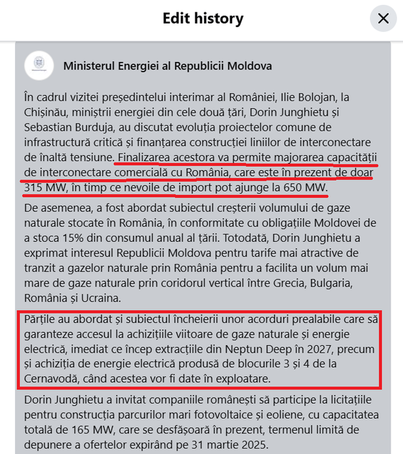 Varianta inițială a comunicatului Ministerului Energiei al Republicii Moldov