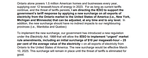 DOCUMENT Războiul comercial SUA-Canada: Provincia Ontario a impus o suprataxă de 25% pe exporturile de energie spre Statele Unite și nu exclude oprirea lor completă