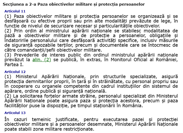 Extras din Legea privind regimul armelor, dispozitivelor militare și munițiilor deținute de Ministerul Apărării Naționale și de forțele armate străine pe teritoriul României