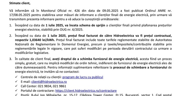DOCUMENT Hidroelectrica își avertizează clienții printr-o notificare. Facturile pe care le veți primi de luna viitoare la energie de la fiecare furnizor