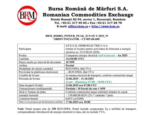 EXCLUSIV DOCUMENTE Asaltată de populația speriată de liberalizare și sub spectrul unui nou an secetos, Hidroelectrica a inițiat 5 licitații de achiziție de energie la BRM