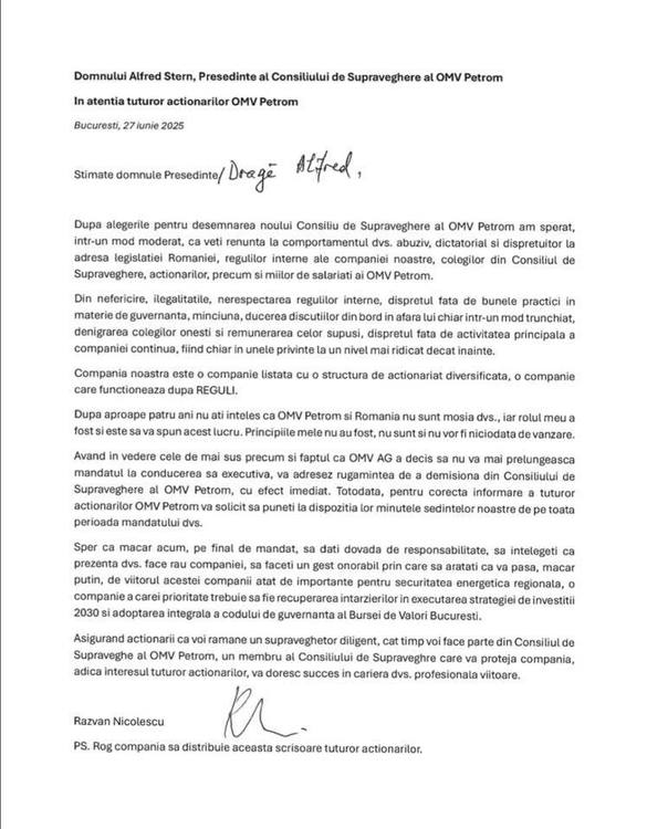 DOCUMENT Revoltă împotriva OMV - Un fost ministru român al energiei îi cere șefului OMV demisia din consiliul de Supraveghere al Petrom, acuzându-l de 