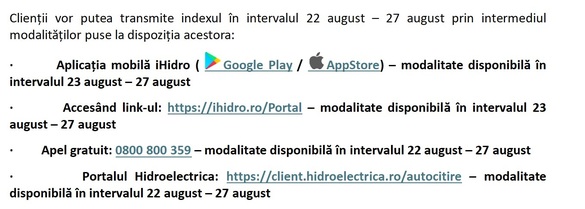 ANUNȚ Hidroelectrica: Perioada pentru indexul de consum, prelungită