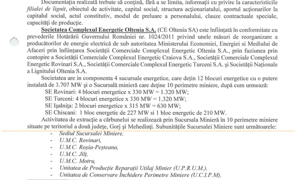 DOCUMENT Complexul Energetic Oltenia a început să pregătească transferul pe o firmă separată al termocentralelor pe cărbune și carierelor de lignit ce vor fi închise