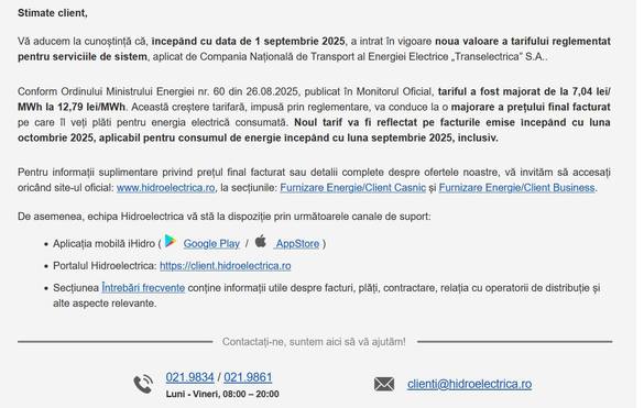 ULTIMA ORĂ Hidroelectrica anunță clienții - Factura se scumpește DOCUMENT