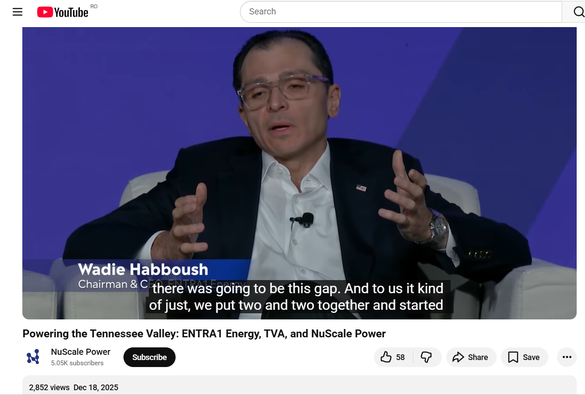 Wadie Habboush, în calitate de președinte și CEO al ENTRA1 Energy, într-un clip de prezentare a proiectului comun ENTRA1 Energy - Tennessee Valley Authority - NuScale Power, decembrie 2025. Sursă foto: captură YouTube, canal NuScale Power