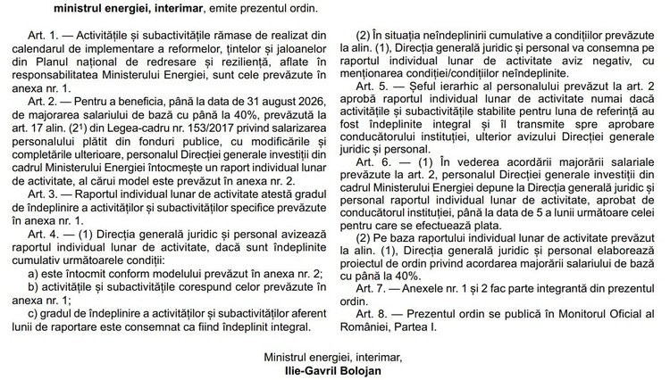 DOCUMENT Bolojan a condiționat sporul salarial PNRR de 40% din Ministerul Energiei de finalizarea integrală a activităților rămase de realizat în 2 luni