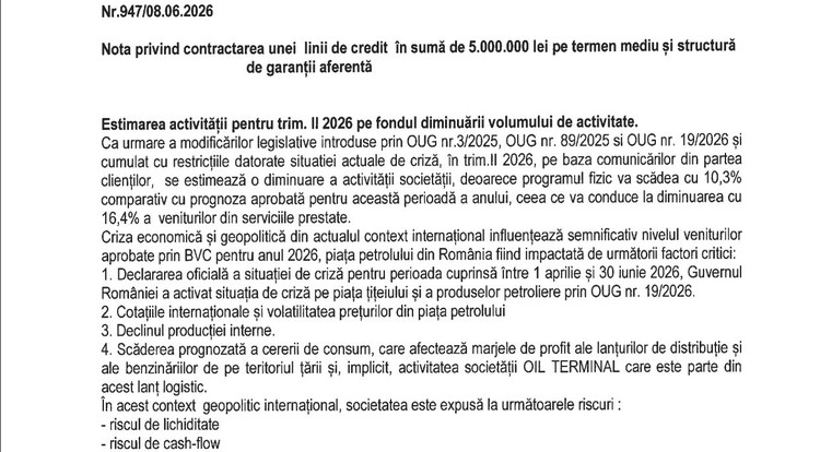 DOCUMENT Scumpire semnificativă a încărcării, descărcării și depozitării de țiței și carburanți la Oil Terminal Constanța. Compania a cerut și trecerea la tarifarea în euro