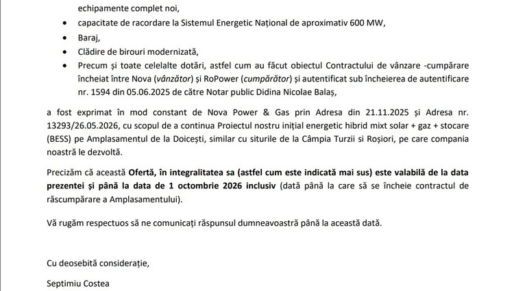 DOCUMENT SMR-uri nucleare SUA la Doicești. Reacția Nova Power&Gas: face de 8 luni oferte de răscumpărare a amplasamentului, pentru proiectul său inițial gaze-solar-stocare 