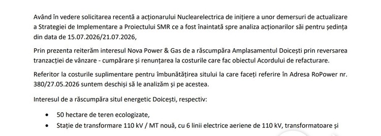 DOCUMENT SMR-uri nucleare SUA la Doicești. Reacția Nova Power&Gas: face de 8 luni oferte de răscumpărare a amplasamentului, pentru proiectul său inițial gaze-solar-stocare 