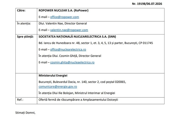 DOCUMENT SMR-uri nucleare SUA la Doicești. Reacția Nova Power&Gas: face de 8 luni oferte de răscumpărare a amplasamentului, pentru proiectul său inițial gaze-solar-stocare 