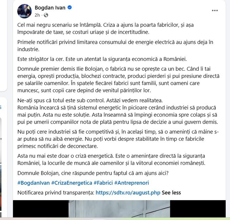 ”Atitudine iresponsabilă!” - Bolojan despre informațiile vehiculate de fostul ministru PSD Bogdan Ivan privind limitarea consumului marilor consumatori industriali