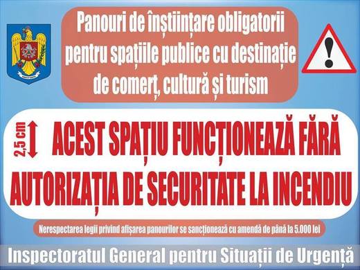 Noile prevederi ale legii privind apărarea împotriva incendiilor au intrat în vigoare. Spațiile publice care nu dețin autorizație de securitate la incendiu, obligate să anunțe la loc vizibil acest lucru