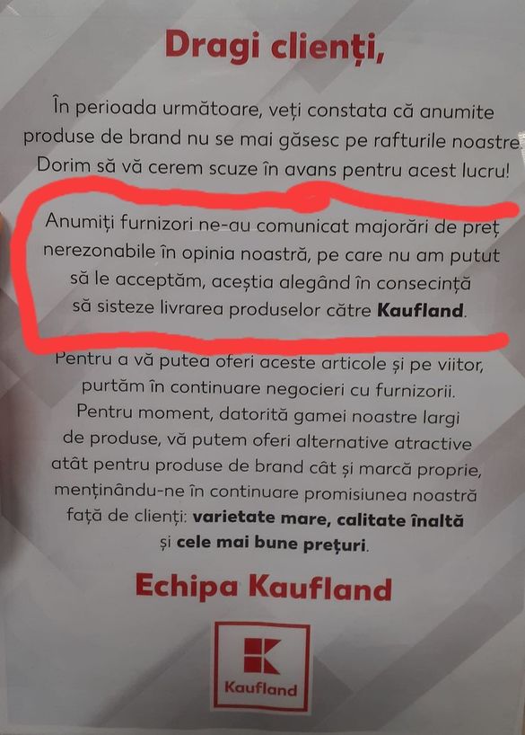 ULTIMA ORĂ FOTO Kaufland, cu mesaj în spațiul public: Se va constata că anumite produse de brand nu vor mai fi pe raft, unii furnizori au comunicat majorări de preț nerezonabile