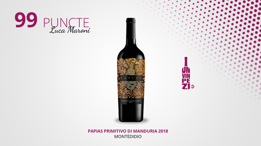 Vinul zilei: un Primitivo cotat cu 99 puncte Luca Maroni, care scoate în evidență note de fructe negre dulci, prune afumate, vișine amărui, cacao, ciocolată și ceva tente elegante de condimente dulci