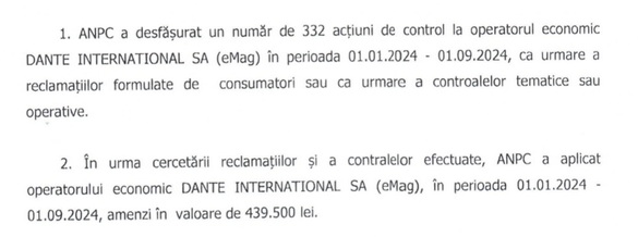 DOCUMENT Amenzi de aproape jumătate de milion lei pentru eMAG ca urmare a reclamațiilor cumpărătorilor