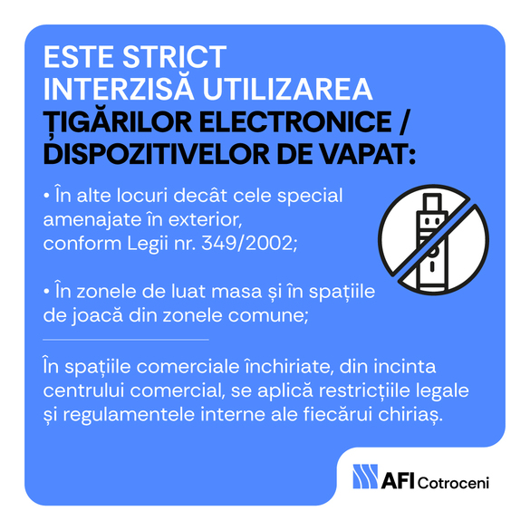 FOTO Schimbare pentru unii fumători în cel mai mare mall din România - AFI Cotroceni anunță noi reguli pentru fumatul de țigări electronice și dispozitivele de vapat 