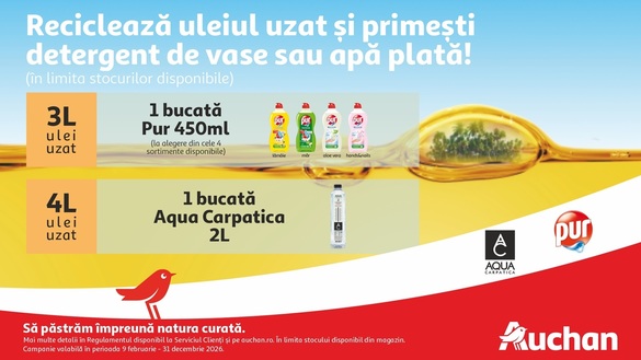 Tot mai mult ulei alimentar uzat ajunge la reciclare: Auchan depășește pragul de 1,7 milioane de litri colectați, la 7 ani de la lansarea programului de colectare 