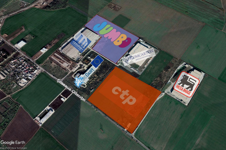 Amplasamentul și vecinătățile depozitului Jumbo din Popești-Leordeni