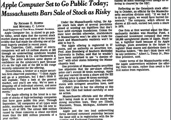 Apple împlinește 37 de ani de la oferta publică inițială. La acel moment, autoritățile din Massachusetts au interzis investitorilor individuali să cumpere acțiuni, argumentând că e 