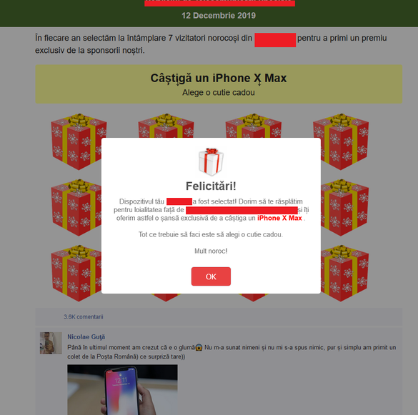 FOTO Atenționare CERT-RO: Un concurs fals, prin care se oferă ca premiu un iPhone X Max, se propagă pe rețelele sociale