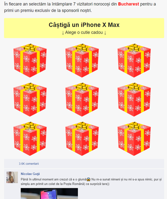 FOTO Atenționare CERT-RO: Un concurs fals, prin care se oferă ca premiu un iPhone X Max, se propagă pe rețelele sociale