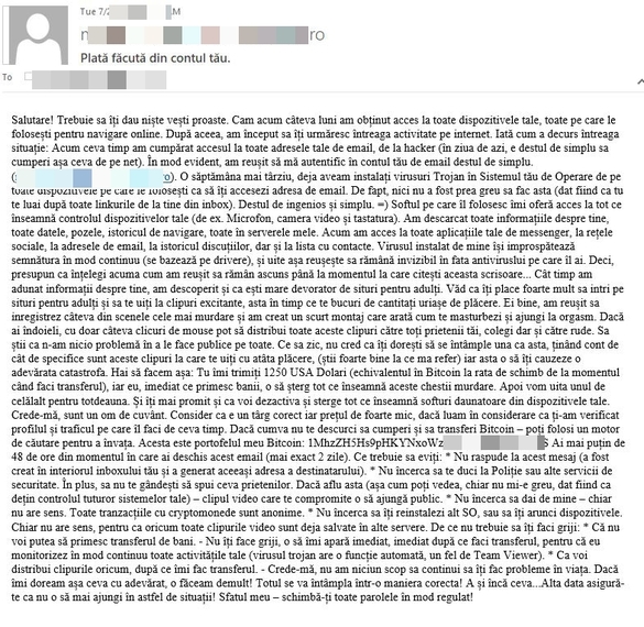 FOTO Val masiv de e-mail-uri de șantaj în România - hackerii cer câte 1.250 de dolari ca să nu publice imagini compromițătoare cu victimele