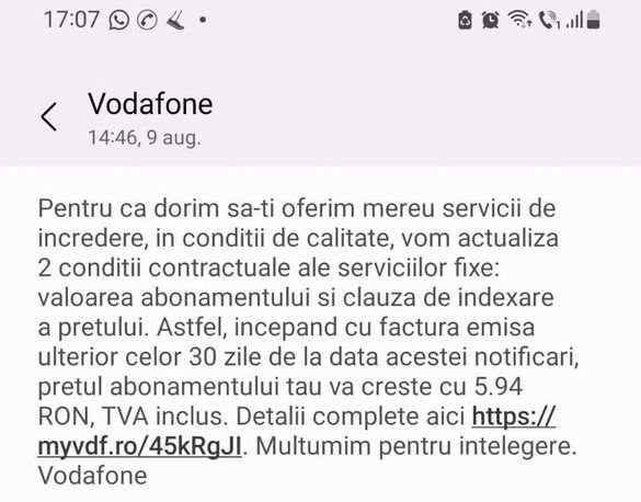 FOTO Abonații la TV, internet și telefonie fixă ai Vodafone, notificați că le va crește factura lunară. Motivele invocate de companie