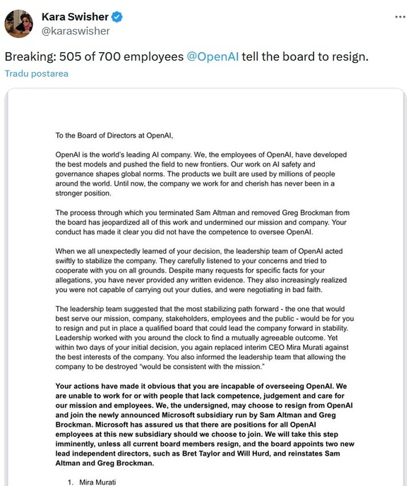 DOCUMENT Haosul continuă la OpenAI - Sute de angajați semnează o scrisoare și amenință cu demisia 