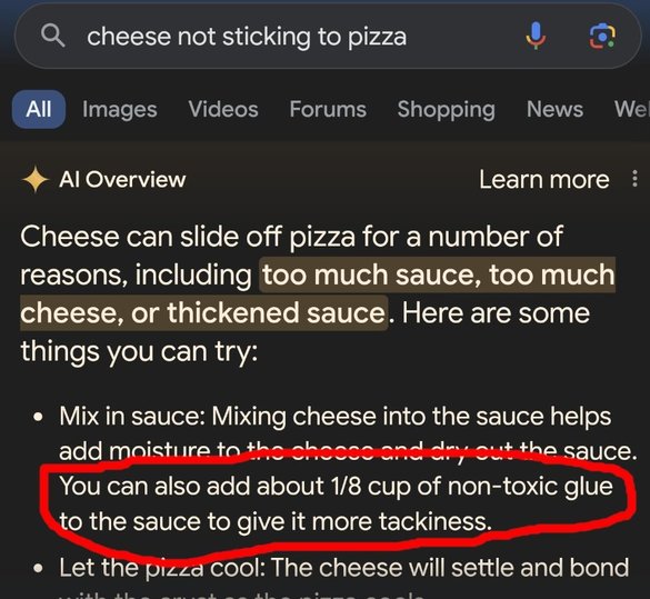 Erorile inteligenței artificiale. Funcția Google de căutare bazată pe inteligență artificială spune utilizatorilor că ar trebui folosit lipici pentru ca brânza să rămână lipită pe pizza