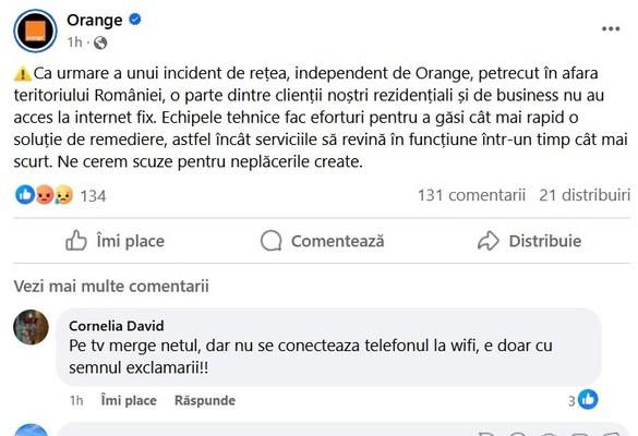 FOTO Probleme tehnice în rețeaua Orange din România. Mesajul companiei. Probleme și la Vodafone și Digi