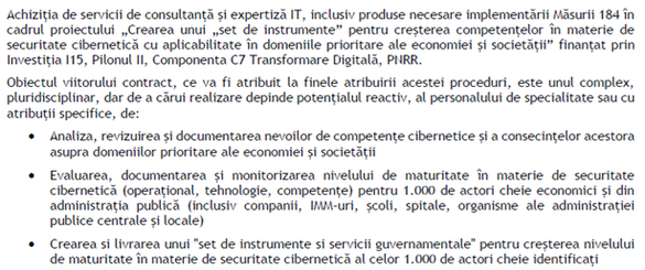DOCUMENT - DNSC vrea să sporească competențele în materie de securitate cibernetică pentru 1.000 de autorități și instituții ale statului. Patru oferte