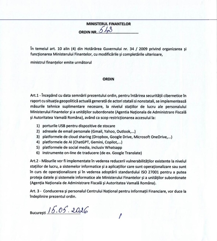 ULTIMA ORĂ Fără Whatsapp, Facebook, Instagram, TikTok, ChatGPT, Gemini și e-mail personal pentru angajații de la ANAF, Vamă și Finanțe, pe stațiile de lucru, computerele și laptopurile de serviciu DOCUMENT