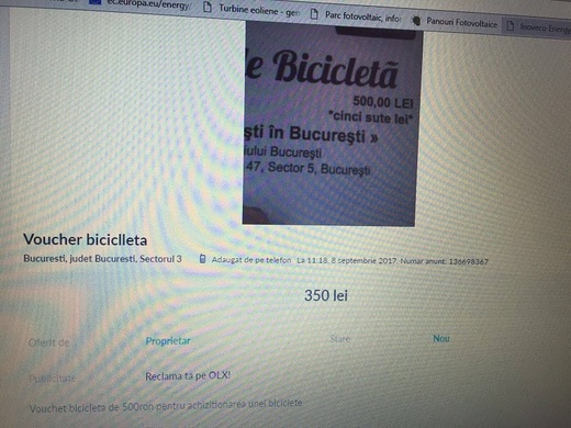 Vouchere de 500 lei acordate de Primăria Capitalei pentru biciclete, scoase la vânzare pe diferite site-uri. OLX dezactivează aceste anunțuri
