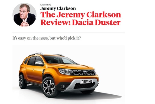 Jeremy Clarkson atacă dur Dacia Duster: „Făcut din cutii reciclate de CD-uri, într-un atelier murdar din Vietnam, de copii-sclavi. Are personalitatea unui felinar de stradă sau a unei mașini de spălat”