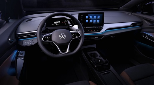 FOTO Primele imagini cu interiorul VW ID.4: lumini ambientale inteligente și scaune acoperite cu fibre din PET-uri reciclate