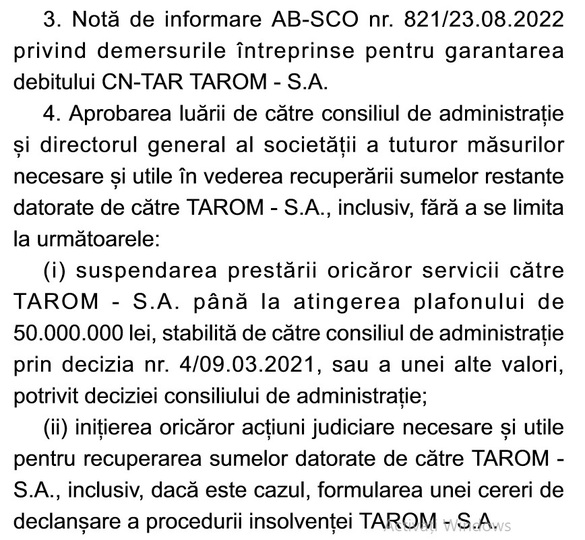 ULTIMA ORĂ Compania Aeroporturi București va discuta suspendarea prestării de servicii către TAROM și inițierea de acțiuni judiciare, inclusiv, dacă este cazul, cu cerere de declanșare a insolvenței. UPDATE Mesajul CNAB
