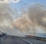 FOTO Incendiu de vegetație puternic pe A2 București-Constanța. Traficul este oprit. Circulația feroviară este afectată