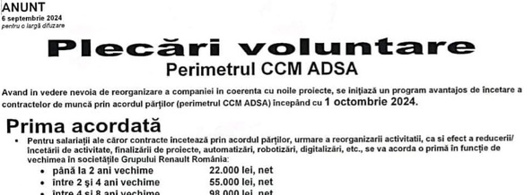 ULTIMA ORĂ Dacia începe un program de concedieri voluntare. Sume plătite de ordinul zecilor de mii de euro, pentru angajații cu vechime