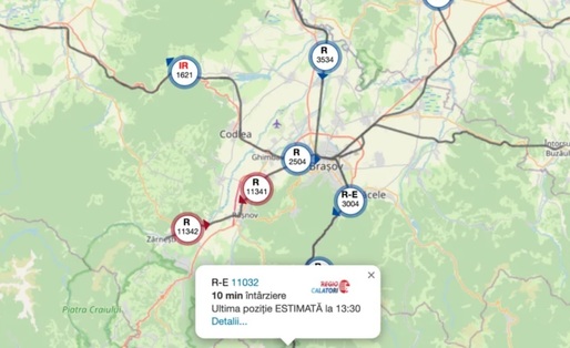 Harta trenurilor: Poate fi urmărită în timp real poziția trenurilor aflate în circulație și eventuale întârzieri față de graficul programat